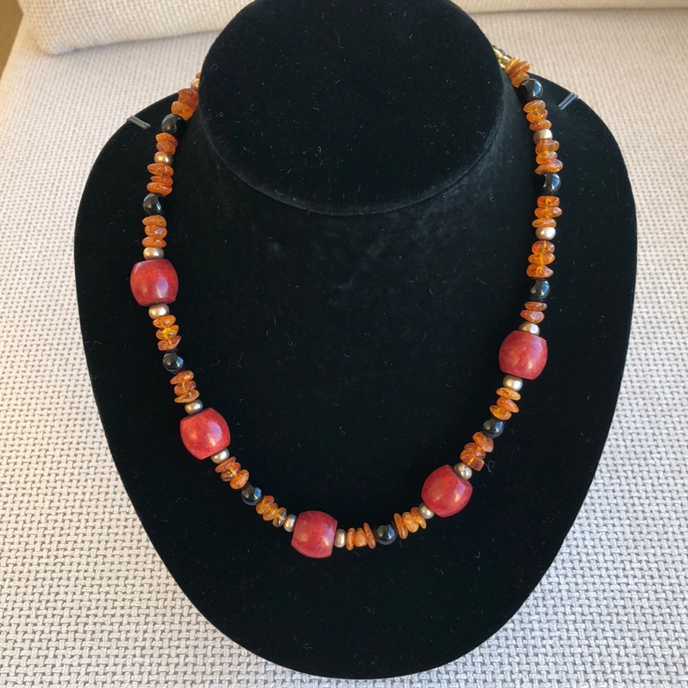 Genuine wood, onyx , sterling and glass necklace
